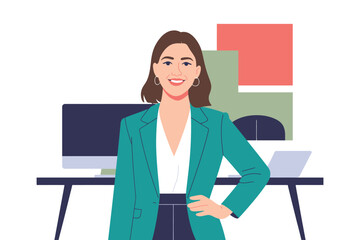 Confident female manager stands before modern office technology with a ready.