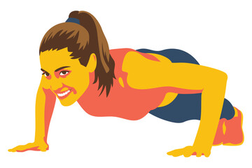 Fit woman performs intense push up exercise showing focused determination on.