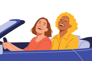 Two happy women laugh joyfully while driving a blue convertible car together.