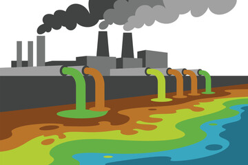 Factory smokestacks pollute water sources by discharging multicolored chemical.