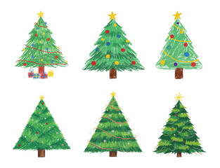 Obraz premium Set of hand-drawn crayon Christmas trees with decorations