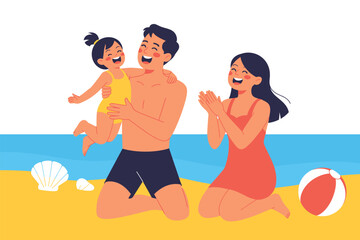 Joyful parents play with small laughing child on the sunny beach near the blue.
