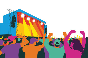 Crowd of enthusiastic fans enjoys a bright outdoor music concert performance.