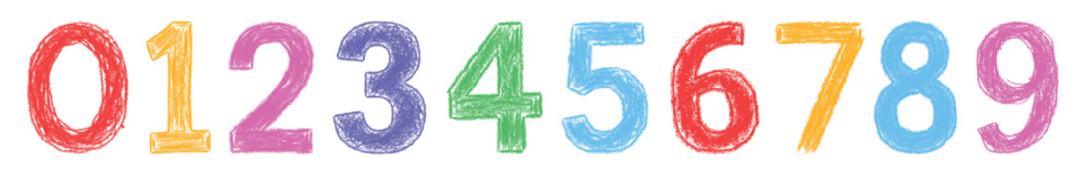 Colorful crayon-style numbers zero to nine set