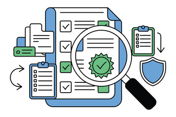Magnifying glass inspects checklist documents showing compliance verification.