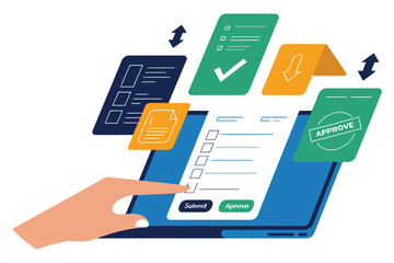 Hand interacts with digital checklist interface showing document approval.