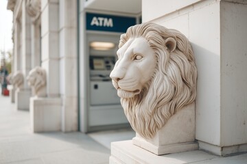 Stone Lion Guardian Statue Beside Modern ATM on Urban Street, Classical Symbol of Protection and Wealth in Contemporary Financial Setting, Security and Prosperity Concept, Architectural Detail Art