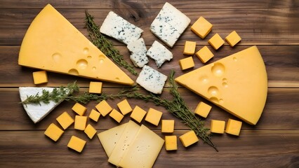 A variety of different types of cheese including swiss, cheddar, and blue cheese on a wooden table