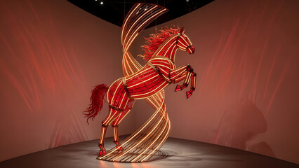 Large illuminated red neon wireframe horse sculpture in art gallery exhibition