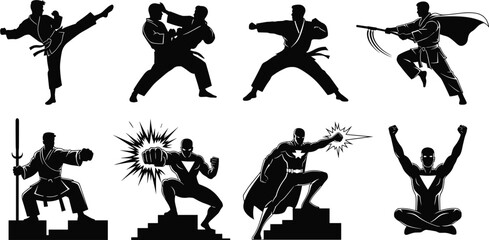 Martial artist silhouette, superhero pose, sword stance, staff action, punch burst, levitating hero, podium figure, vector illustration, dynamic power © Saiful Islam