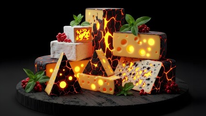 A volcanic eruption of flavors in a stack of glowing cheese blocks on a dark background