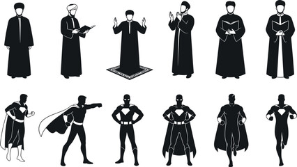 Religious figure silhouette, superhero contrast, prayer pose, book reading, cape hero, emblem chest, dynamic stance, vector illustration, dual symbolism © Saiful Islam