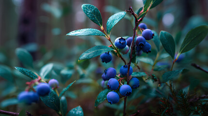 Colorful blueberry plant growing freely in Finnish forest with deep blue fruit and layered leafy branches under cool fresh Nordic woodland light  
