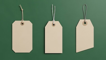 Three blank beige paper tags with strings hang against a dark green background