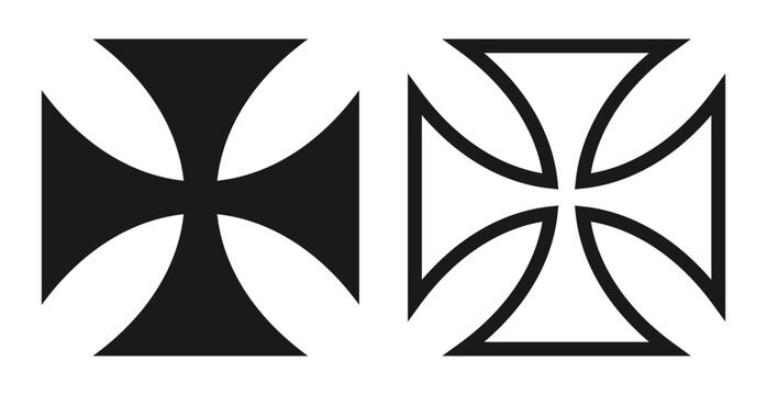 Knights templar cross vector shape symbol. Christianity maltese cross sign. Christian religion icon. Catholic and protestant faith logo. Teutonic crusader label. Gothic crusade symbol.