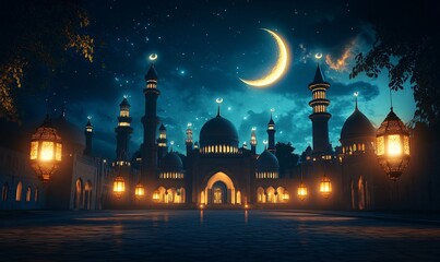 Eid Mubarak Concept: Grand Mosque with Hanging Lanterns and Crescent Moon