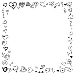 Hand-drawn heart doodles forming frame on white background with large copyspace, wedding or Valentine cards