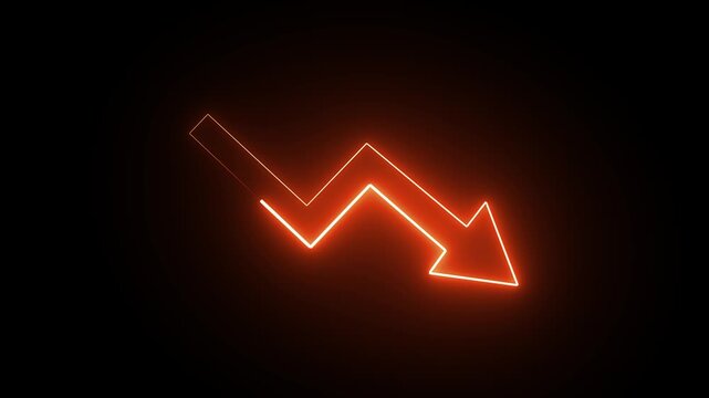 Glowing orange neon downward trend line, concept of falling prices, bankruptcy, business loss, negative growth, icon