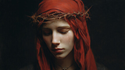 A woman with a red headscarf and crown.