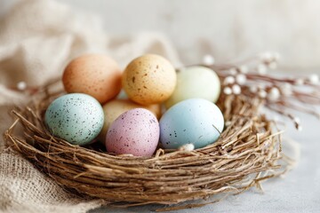 Pastel speckled Easter eggs in a rustic bird nest on a white wooden table, natural spring still life with soft colors, cozy farmhouse mood and seasonal holiday concept