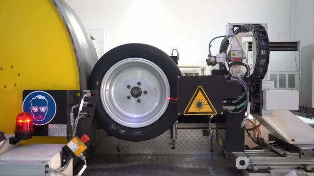 Industrial workshop tire dynamic balancing testing equipment in operation