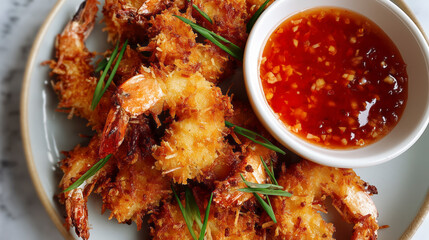 Crispy fried shrimp with dipping sauce and garnish.