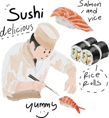 Japanese sushi chef preparing fresh nigiri and maki rolls, watercolor illustration set on white background.