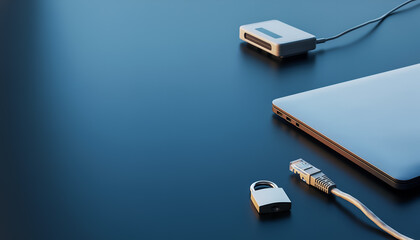 Cybersecurity workspace concept with laptop, ethernet cable and padlock on dark blue desk, secure network connection and copy space