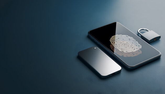 Biometric mobile security concept with fingerprint authentication on smartphone screen and padlock on dark desk with copy space - Powered by Adobe