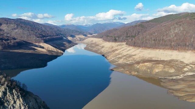 Vidraru Lake empty reservoir with low water