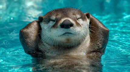 Otter relaxing in clear blue water.