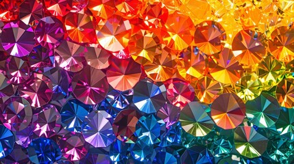 The image shows an array of multi-colored geometric shapes closely packed together, reflecting light to create a dazzling spectrum of colors reminiscent of a kaleidoscopic pattern which includes