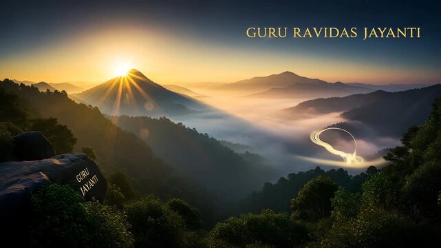 Sunrise Over Mountains With Spiritual Symbol Guru Ravidas Jayanti Celebration Nature Scenery 4K Ai HD high quality video.