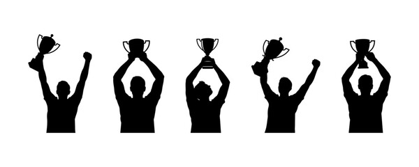 Silhouettes of victorious people celebrating their championship success, holding various shiny trophy cups high in the air as a symbol of achievement and triumph