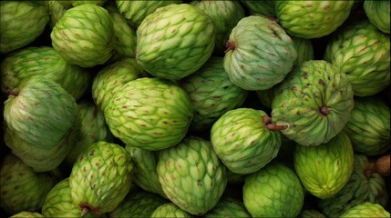 Cherimoyas sit in a market stall arranged closely together. These green fruits have a unique texture and are ready for sale. The scene shows a busy market atmosphere.