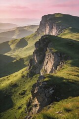 Mountainous Landscape with Green Peaks at Sunset