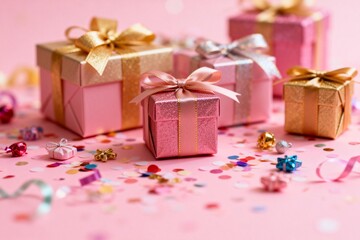 Pink Gift Boxes with Ribbons and Confetti