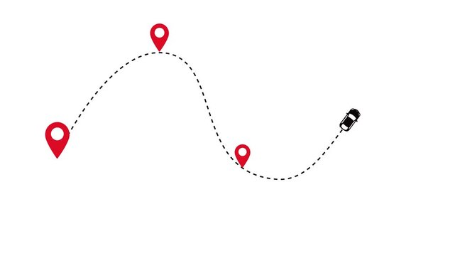 Minimalist illustration of a vehicle moving along a route with several destination markers, delivery logistics