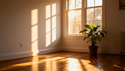 Sunlit Empty Room with Wooden Floors and Potted Plant