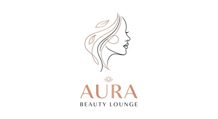 Minimalist logo design for Aura Beauty Lounge featuring a woman's face and leaves