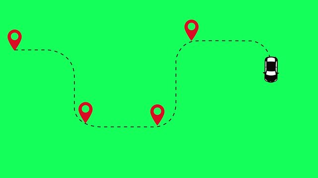 Automobile following a curved path with several map pointers on green background, journey tracking and direction