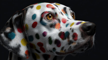 A colorful dog with polka dots on its face.