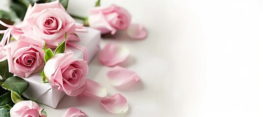 Fototapeta premium Pale Pink Roses with Small White Gift Box on White Background, Ideal for Valentine’s Day greeting elements, romantic gift visuals, wedding decor accents, or gentle celebration content.