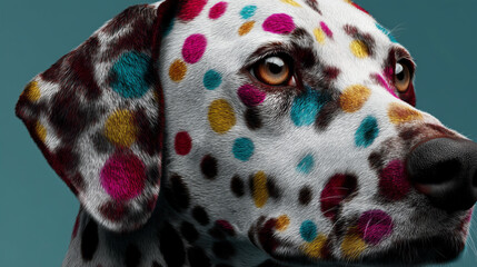 A colorful dog with polka dots on its fur.