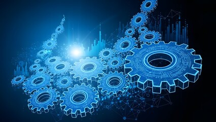 Glowing blue gears with circuit overlays and data charts representing automation, digital transformation, and interconnected tech systems