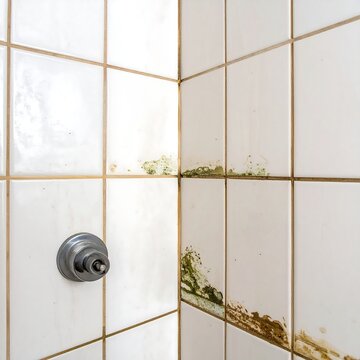 Dirty corner shower white tiles, green and brown mold on grout, gray fixture on the left wall