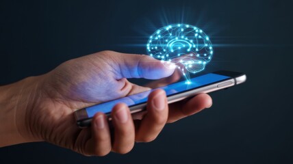 Artificial intelligence concept with a glowing brain emerging from a smartphone screen