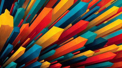 Many arrows in red blue yellow and orange point in various directions on a light background. The design shows energy and movement with overlapping arrows and vibrant colors.