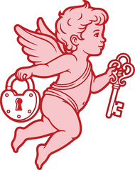 Cherub with Lock and Key Illustration.