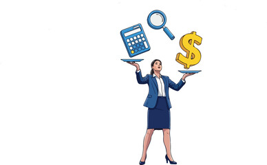 Businesswoman juggling finance and currency symbols.